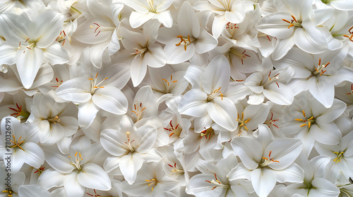 Background of many snow-white lilies, spring easter floral design with copy space. Suitable for holiday and celebration decoration.
