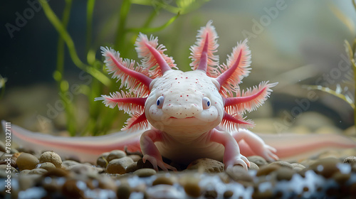 closeup of an Axolotl sitting calmly, hyperrealistic animal photography, copy space for writing