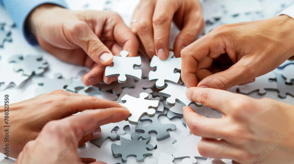 Putting together a jigsaw puzzle shows teamwork. Putting together a jigsaw puzzle shows teamwork.