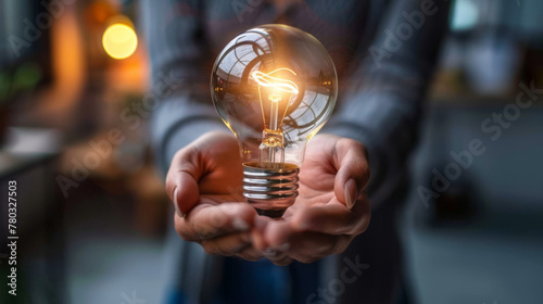 A hand is holding a light bulb. This represents the concept of having an idea, innovation and inspiration.