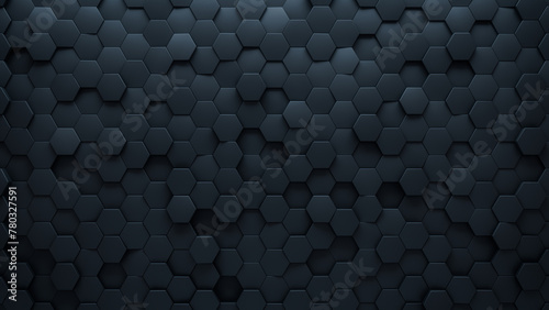 Futuristic, Semigloss Mosaic Tiles arranged in the shape of a wall. Hexagonal, 3D, Bricks stacked to create a Black block background. 3D Render photo