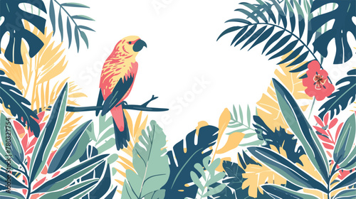Doodle tropical plants with exotic flemish bird flat vector