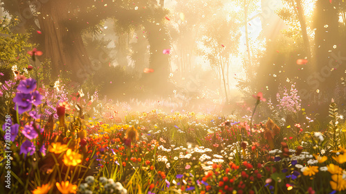Enchanted Spring Forest Bathed in Sunlight, Creating a Mystical Atmosphere with Its Lush Greenery and Tranquil Ambiance