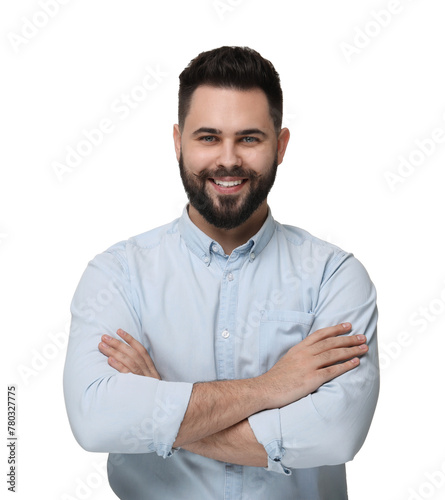 Portrait of happy young man with mustache on white background