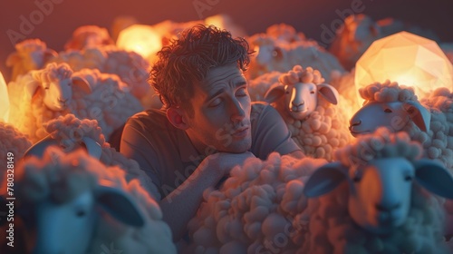 Cartoonish 3D render of a man with insomnia, whimsically counting animated sheep, each with a unique expression