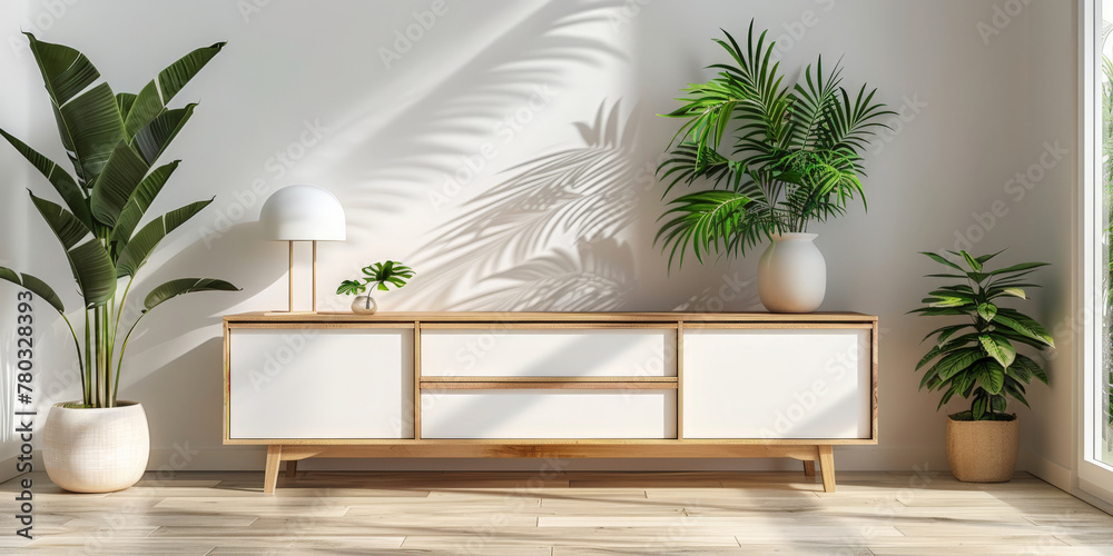 modern living room interior with White cabinet tv  and blank frame photo and plant with wooden floor, simple interior design style, minimalist design	
