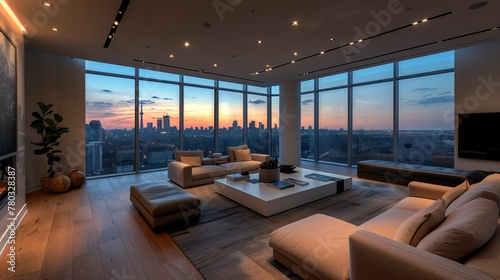 Modern Living Room Interior with Sunset City View