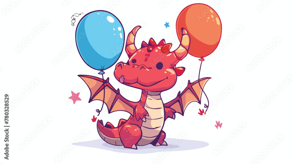 Cute and kawaii baby dragon holding balloons on white