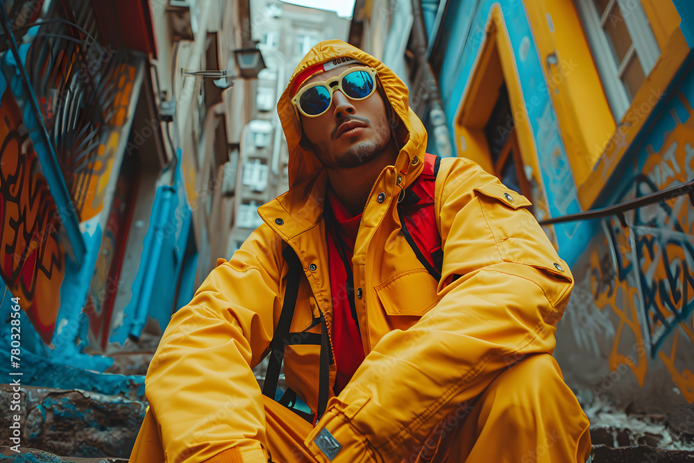 Stylish Man in Yellow Jacket Sitting on Steps. Generative AI Stylish Man in Yellow Jacket Sitting on Steps. Generative AI