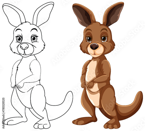 Sketch and colored drawing of a happy kangaroo