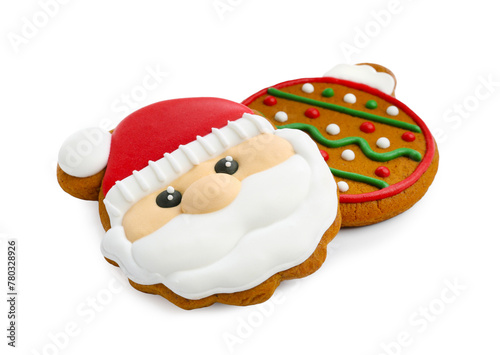 Tasty cookies in shape of Santa Claus and Christmas ball isolated on white