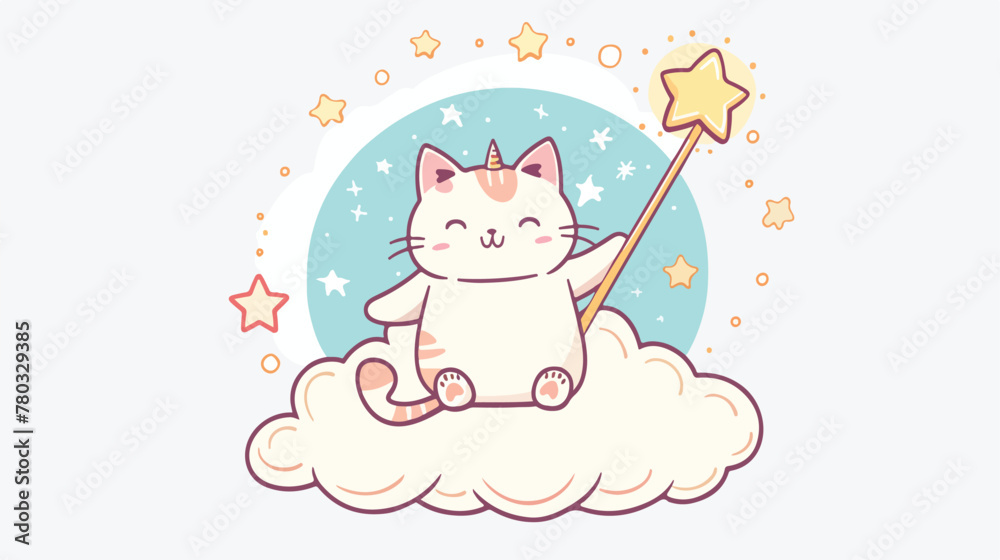 Cute cartoon cat fairy with magic wand sitting 