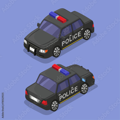 Set of Isometric Black Sedan Police Car
