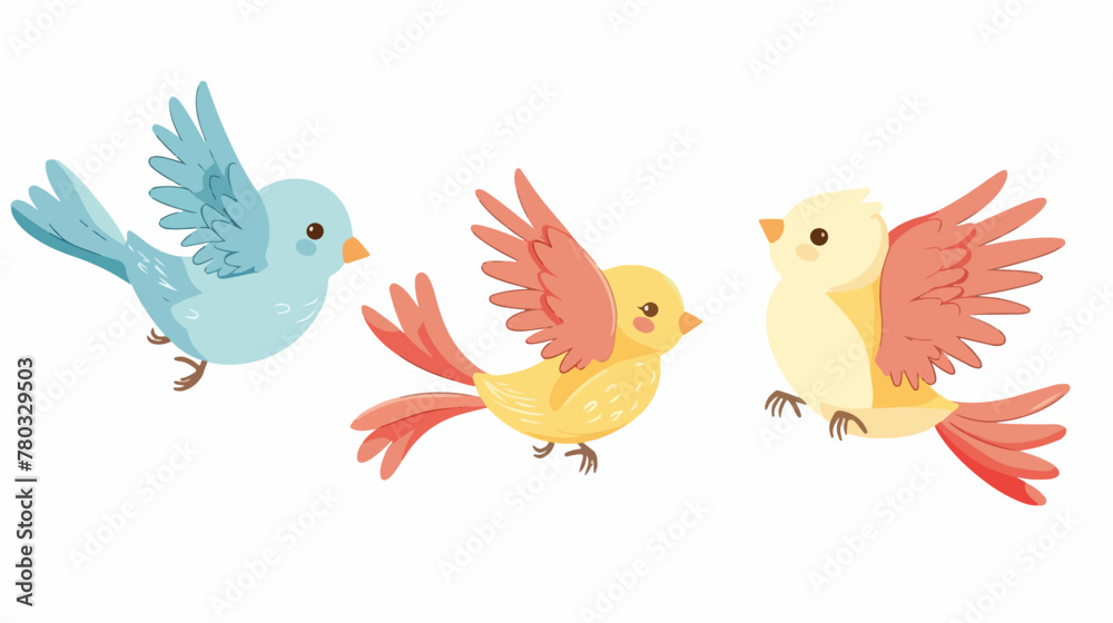 Cute cartoon little birds fly isolated on white background
