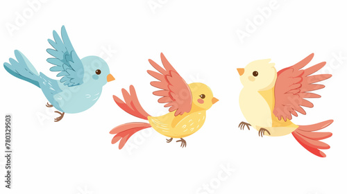 Cute cartoon little birds fly isolated on white background