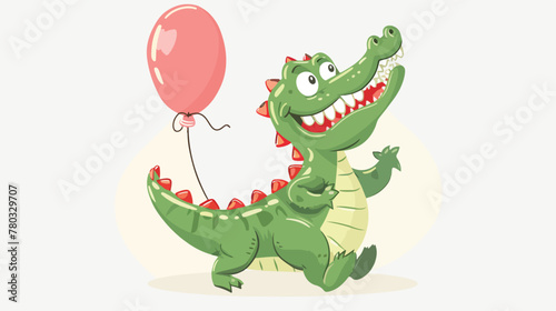 Cute Crocodile Holding Balloon Cartoon Vector Icon 