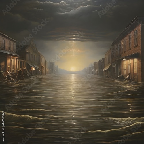 Natural disasters caused by climate warming, Virtual Reality of City Flooding © gallery light