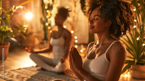 Afro woman meditation of yoga in the living room