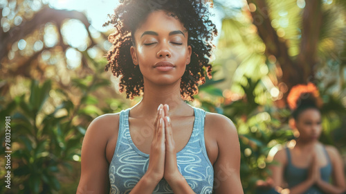 Afro woman meditation of yoga in the living room