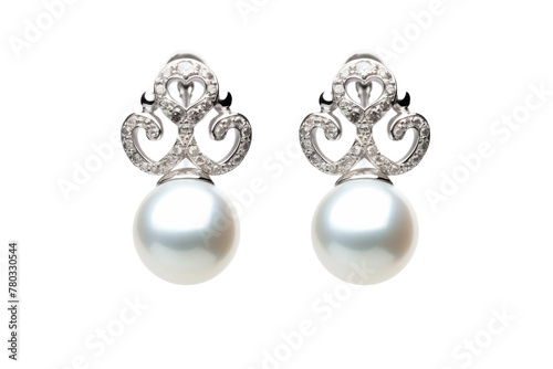 Elegant Pearl and Diamond Earrings. On a White or Clear Surface PNG Transparent Background.