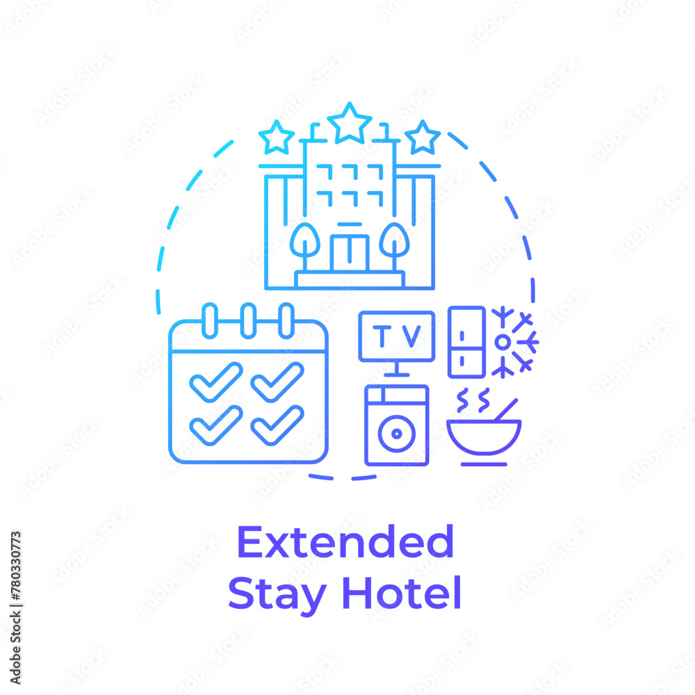 Extended stay hotel blue gradient concept icon. Long term accommodation. Travel trend. Hotel booking. Round shape line illustration. Abstract idea. Graphic design. Easy to use in blog post