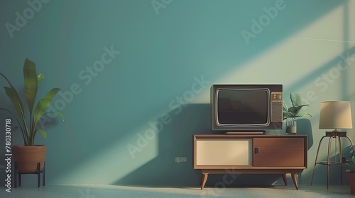 Mid-century modern living room with a retro television, a potted plant, and a tripod lamp. photo