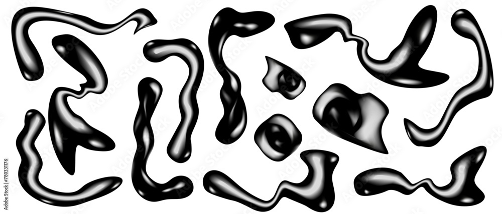Collection 3D black Distorted Liquid Y2K element isolated white background. Set Swirl Twirl Weird Organic Geometric Shapes. Y2K Vector aesthetic. EPS 10