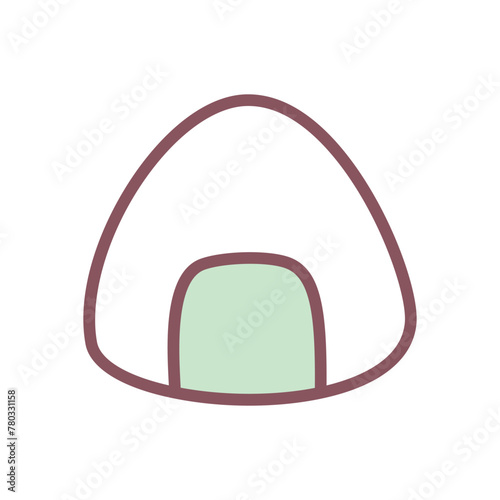 Cute onigiri rice ball icon. Hand drawn illustration of a traditional japanese food isolated on a white background. Kawaii sticker. Vector 10 EPS.