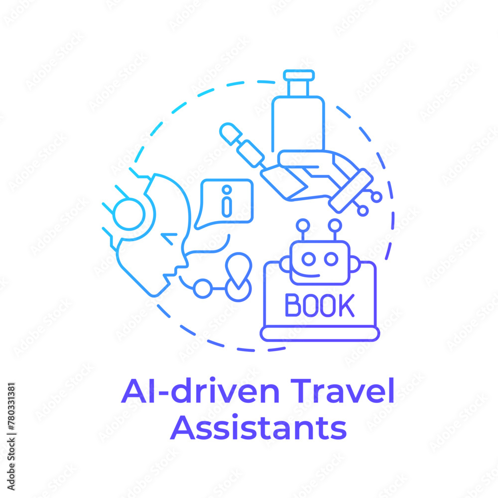 AI-driven travel assistants blue gradient concept icon. Virtual assistance. Technology integration in travelling. Round shape line illustration. Abstract idea. Graphic design. Easy to use in blog post AI-driven travel assistants blue gradient concept icon. Virtual assistance. Technology integration in travelling. Round shape line illustration. Abstract idea. Graphic design. Easy to use in blog post