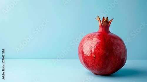 A beautiful, vibrant red pomegranate sits on a blue table against a blue background. The fruit is perfectly ripe and ready to be eaten. photo