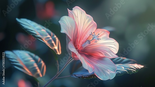Soft focus on a single hibiscus flower with a gradient of pink and white petals. The edges of the petals are highlighted with a light blue light.