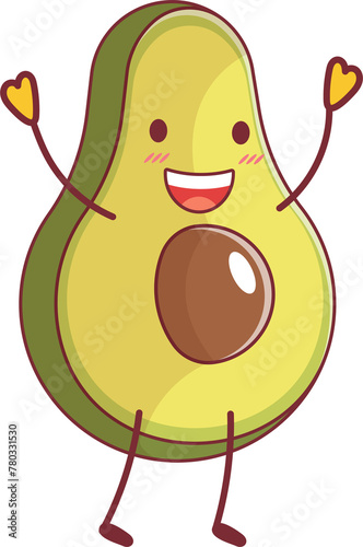 Cute avocado cartoon character in Hand drawn kawaii style.