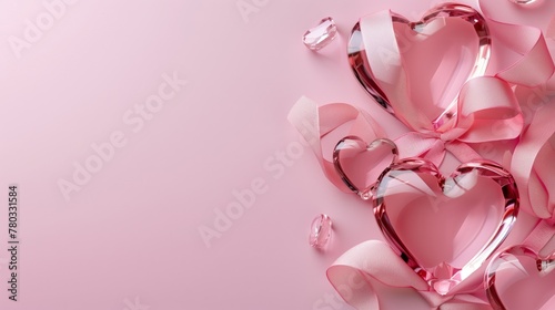 Assortment of pink crystal hearts with matching ribbons on light pink background