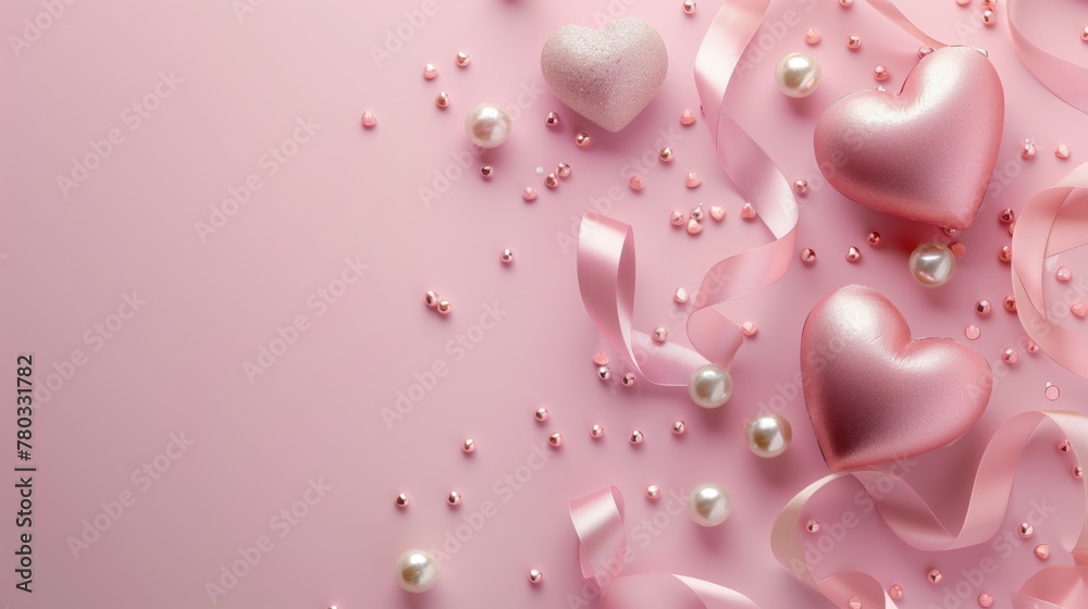 Elegant pink hearts, pearls, and ribbon on a romantic pink background Elegant pink hearts, pearls, and ribbon on a romantic pink background