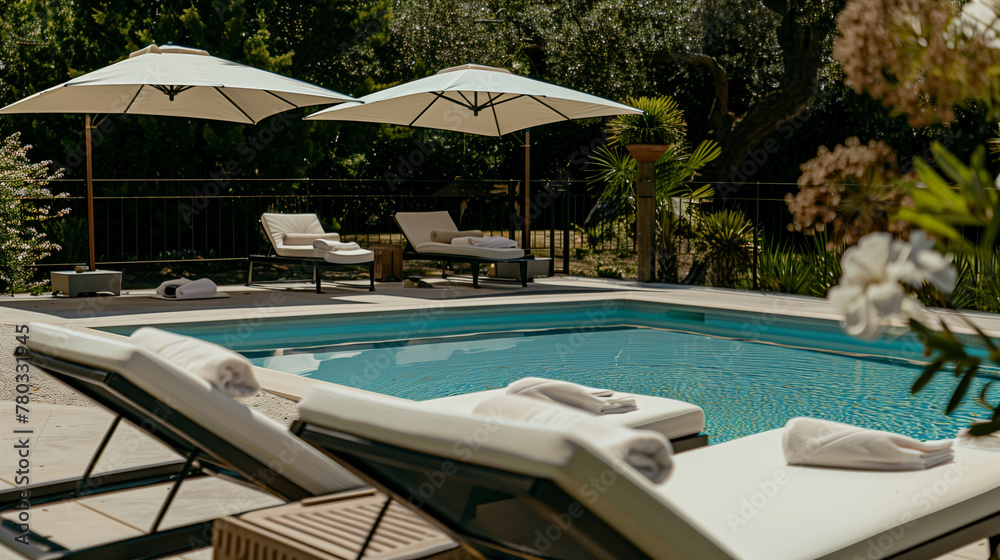Obraz premium Deck chairs by the swimming pool in a beautiful summer resort. Comfortable sunbeds in an exotic luxury hotel. Tropical travel mood, summer vacation background concept.