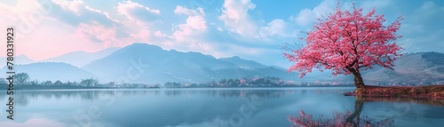 Serene lake with a blooming cherry tree, soft light, vibrant blossoms, detailed scenic view, broad angle , 8K , high-resolution, ultra HD,up32K HD