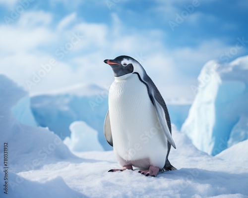 Penguin posing with flipper up  snow backdrop  clear detail  professional color grading soft shadowns  no contrast  clean sharp clean sharp focus  digital photography