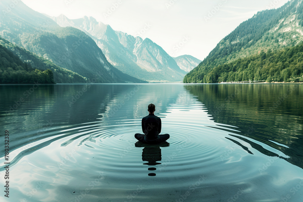 A serene lake view with a figure practicing visualization, imagining ripples spreading across the water as they release negative emotions and thoughts.