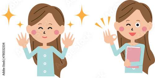 ポップな大学生　喜び成功2ポーズ　女性　上半身