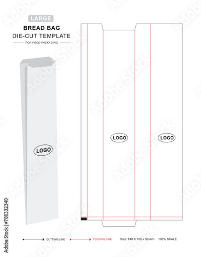 paper bag die cut template with 3D blank vector mockup for the bakery. Croissant bag, Baguette bread bags.