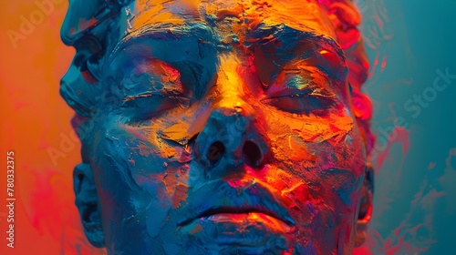 Captivating Surreal Portrait of a Mysterious and Intense Visage in Vibrant Fauve Inspired Hues photo