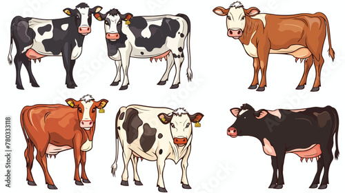 Cartoon cow collection isolated on white background fl