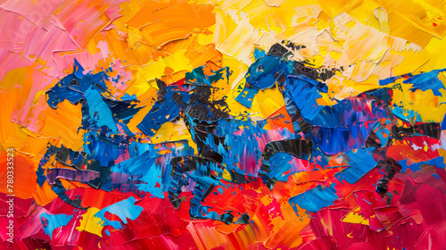 Abstract oil painting of galloping horses. Equestrian wall art  colourful knife painting  minimalist paint spots and brush strokes. Large bold stroke oil painting with yellow  blue  and red copy space
