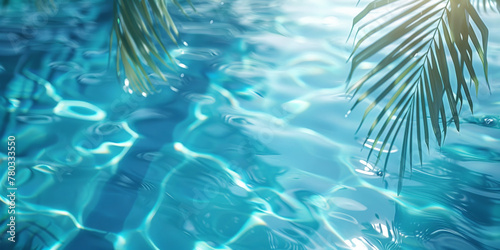 A closeup of blue water swimming pool with palm leaves shadows . creating a beautiful summer scene. banner 