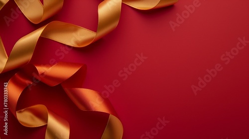 Golden satin ribbon on a red background with elegant twists and curls photo