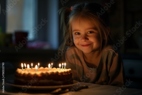 A happy girl with a smile on her face is sitting in front of a bright cake decorated with candles, in an atmosphere of home comfort and a birthday celebration
