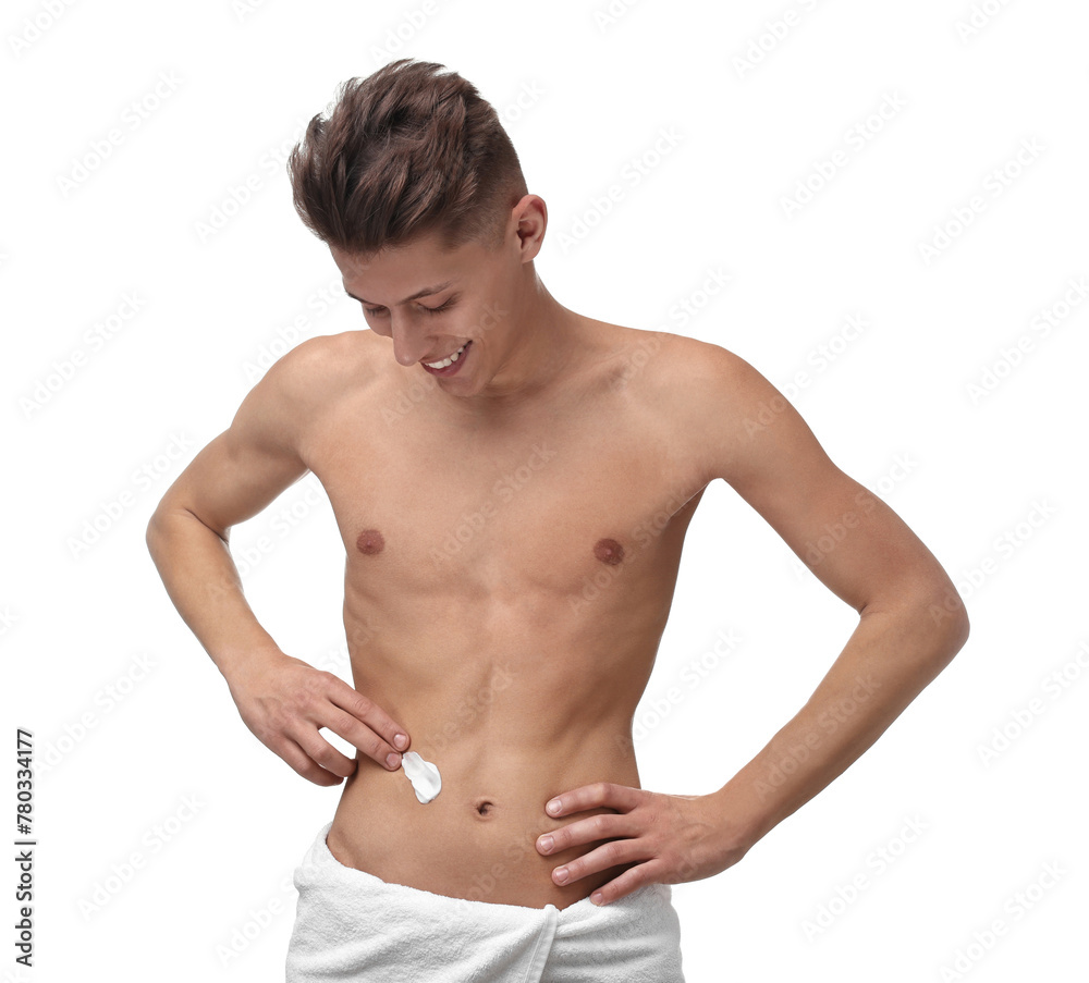 Handsome man with moisturizing cream on his body against white background Handsome man with moisturizing cream on his body against white background