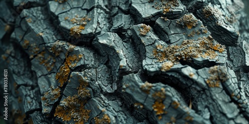 Depth effect and a realistic texture of bark with yellow lichen, presented in a 3D close-up