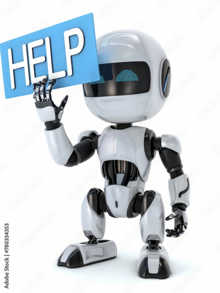 Friendly robotic helper displaying a 'Help' blue message, offering user support and guidance on digital platform Friendly robotic helper displaying a 'Help' blue message, offering user support and guidance on digital platform