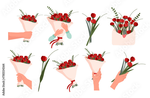 Flower bouquet. Cartoon hands hold flowers. Blossoms bunch in arms. Colorful flowers set for invitation, greeting card, poster, frame, wedding, decoration. Beautiful bouquets. Floral compositions